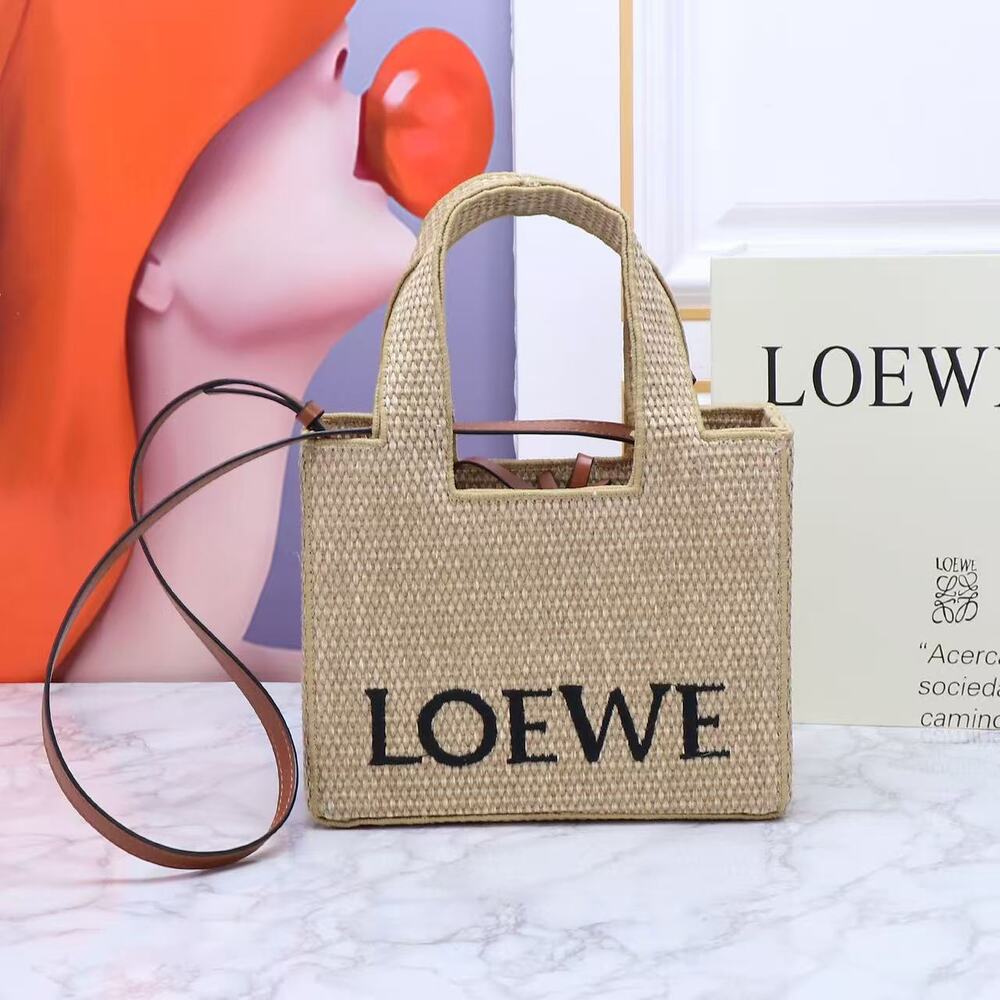 Loewe Mini Raffia Straw Tote Bag with Detachable Leather Crossbody Strap